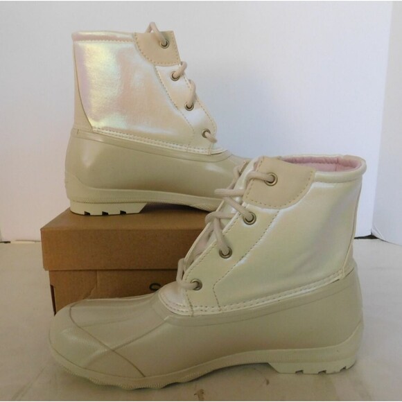 Sperry Port Duck Lace Up Winter Rain Boots Girl's sz 6 M Ivory - Picture 1 of 7